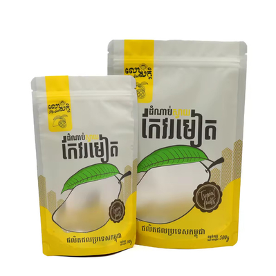 Kantong Makanan Stand Up Plastik Laminasi yang Dapat Dibalikkan Kemasan Kantong Poly Ziplock Desain Cetak Khusus Untuk Buah Kering
