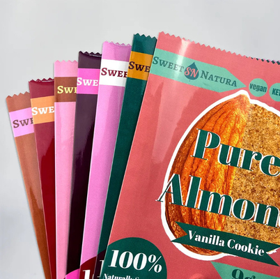 Desain Custom Printed Glossy Shiny Surface Aluminium Foil Inside Back Seal Bags Untuk Kemasan Kue Peanut Butter