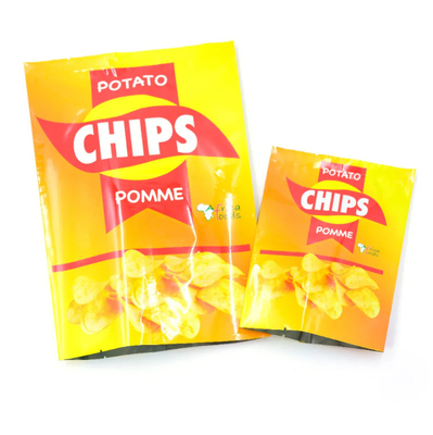 Laminasi Kuning Glossy Food Grade Plastic Bags Untuk Kentang Chips Heat Sealing Aluminium Foil Back Side Seal Bag Untuk Snack Package