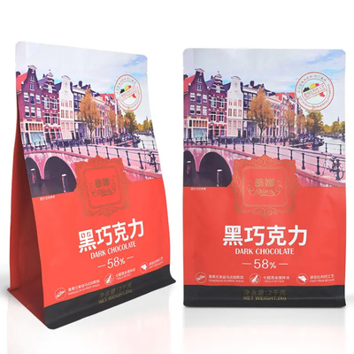 Tas Plastik Custom Kemasan Ziplock Stand Up Bag Gusset Cokelat Kopi Delapan Sisi Disegel Datar Bagian Bawah Tas Dengan Zipper