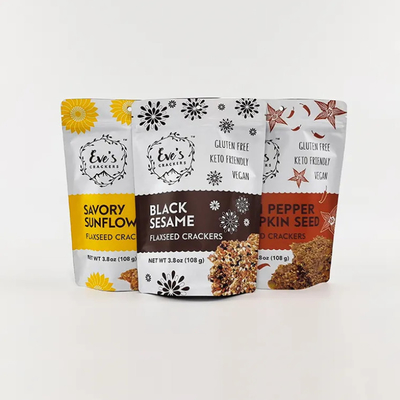 Custom Printed 100g 250g 500g Stand Up Bag Flaxseed Crackers Bau Proof Zipper Food Packaging Bags