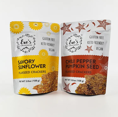 Custom Printed 100g 250g 500g Stand Up Bag Flaxseed Crackers Bau Proof Zipper Food Packaging Bags