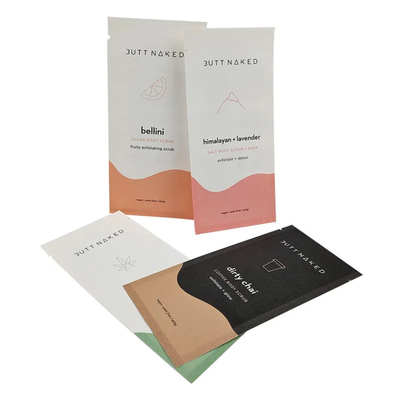 Tas kecil bersegel tiga sisi Biodegradable Custom Printing Sachet Untuk Kopi Teh Ceker Makanan ringan Kemasan Makanan Sampel Tas