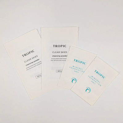 Tas kecil bersegel tiga sisi Biodegradable Custom Printing Sachet Untuk Kopi Teh Ceker Makanan ringan Kemasan Makanan Sampel Tas
