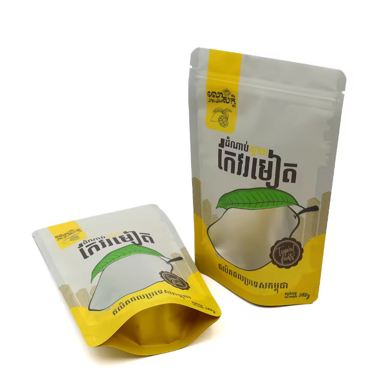 Kantong Makanan Stand Up Plastik Laminasi yang Dapat Dibalikkan Kemasan Kantong Poly Ziplock Desain Cetak Khusus Untuk Buah Kering