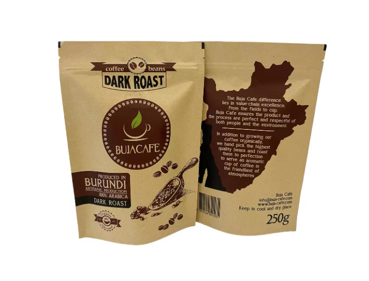 Komposable Biodegradable Standup Flat Bottom Kraft Paper Food Packing Zipper Bag Custom Printed Coffee Bag With Valve