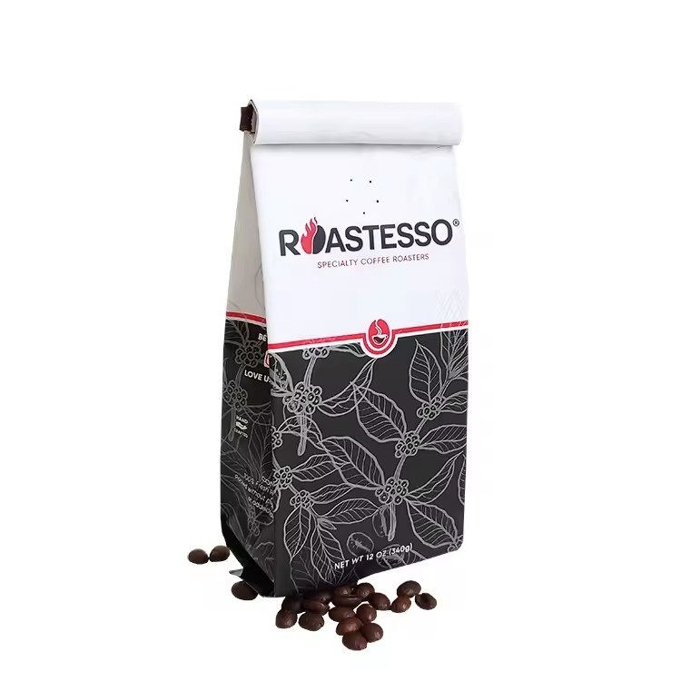 Custom Biodegradable Factory Grosir Kraft Paper Kafe Biji Sisi Gusset Kemasan Tas Hitam