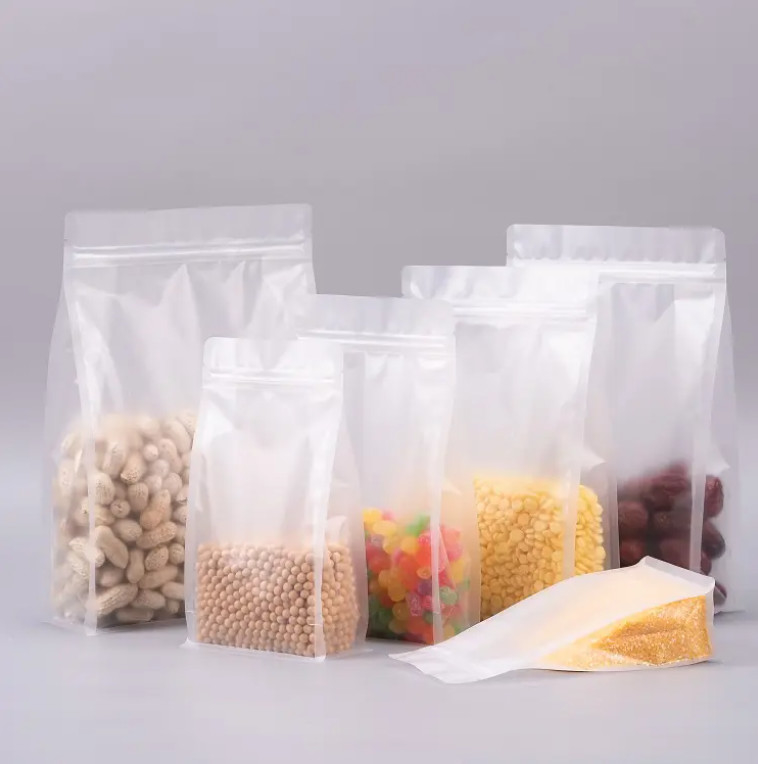 Custom Flat Bottom Eight Side Seal Clear Transparent Zip Lock Buah kering Makanan Rice Packaging Plastik Stand Up Bag