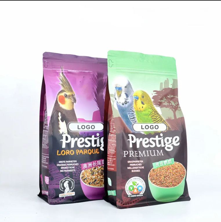 Percetakan Logo Khusus Eco Friendly Side Gusset Ziplock Plastik kering Anjing Kucing Ikan Ikan Hewan Peliharaan Makanan Datar Bagian Bawah Tas Bungkus Makanan Burung Liar