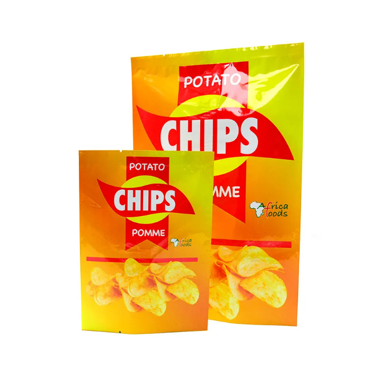 Laminasi Kuning Glossy Food Grade Plastic Bags Untuk Kentang Chips Heat Sealing Aluminium Foil Back Side Seal Bag Untuk Snack Package