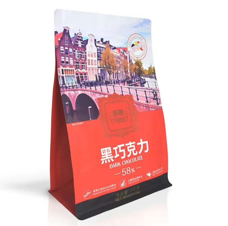Tas Plastik Custom Kemasan Ziplock Stand Up Bag Gusset Cokelat Kopi Delapan Sisi Disegel Datar Bagian Bawah Tas Dengan Zipper