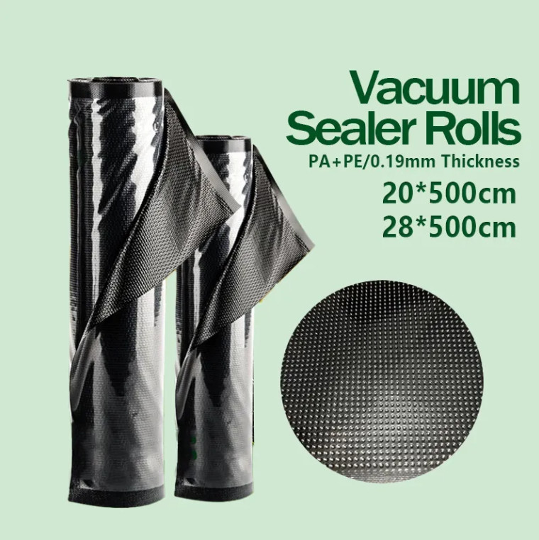 Komersial Kelas Heavy Duty Hitam dan bening Embossed Vacuum Seal Roll Bag untuk penyimpanan makanan untuk sushi dan mi
