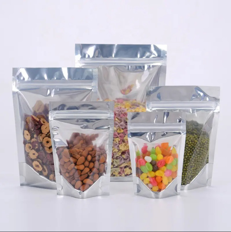 Glossy Aluminium Foil Laminasi yang Dapat Digunakan Kembali Pengiriman Makanan Ziplock Bag Yin Yang Stand Up Bag Dengan Bagian Depan yang Jelas